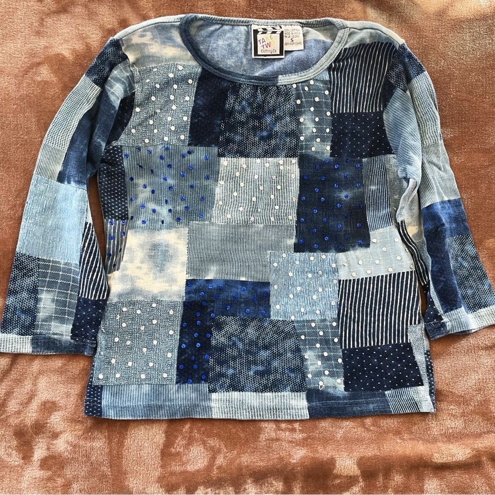 Take Two Women’ Patchwork 3/4 Sleeve Tee - Blue and White Sequins Size S